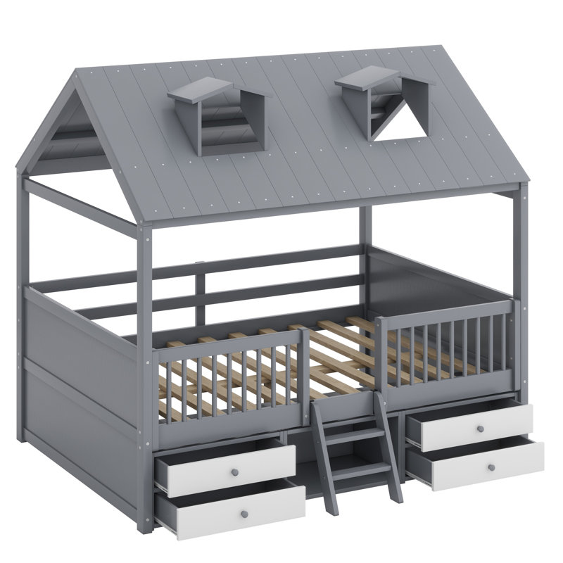Structure de lit maison avec clôture sur toute la longueur, toit, échelle et 4 tiroirs de rangement, Double, Gris