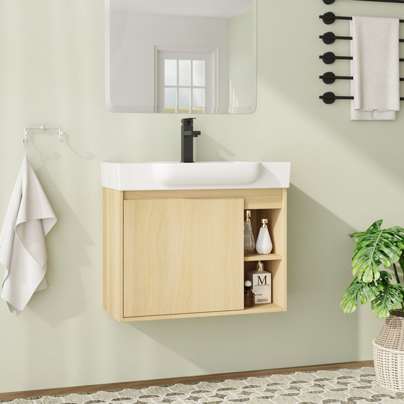 Meuble-lavabo mural 28 po avec plateau en céramique et porte à fermeture en douceur 28 po, Chêne original, 28"