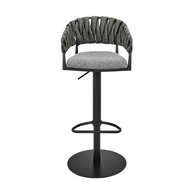 Keymaya Swivel Adjustable Height Bar Stool in Black Metal with Gray Fabric and Faux Leather