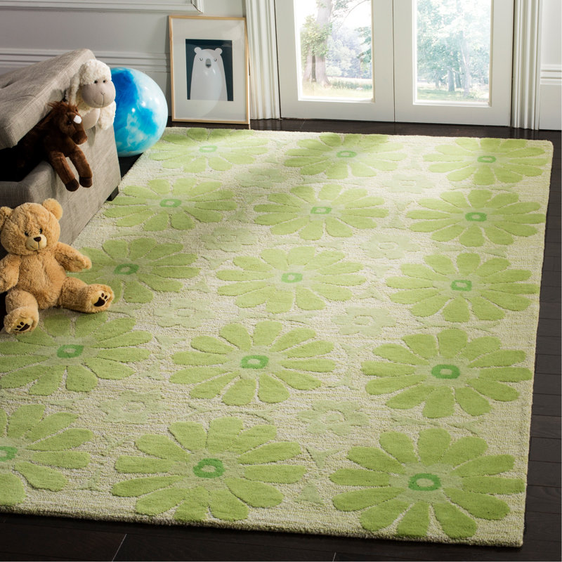 Tapis beige / vert en laine / coton crocheté à la main Claro, Rectangle 8 pi x 10 pi