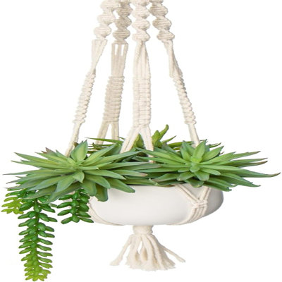 Plantes succulentes artificielles suspendues en pot en céramique 29,5 po Faux chaîne de plantes suspendues perle avec pot de fleurs en macramé Boho pour bureau à domicile Salon Décoration murale