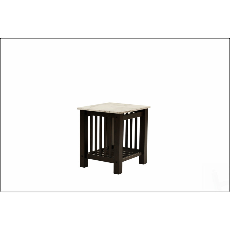 Table de bout 1pc moderne avec plateau en faux marbre et pieds en noyer antique, tablette de rangement ouverte pour le salon