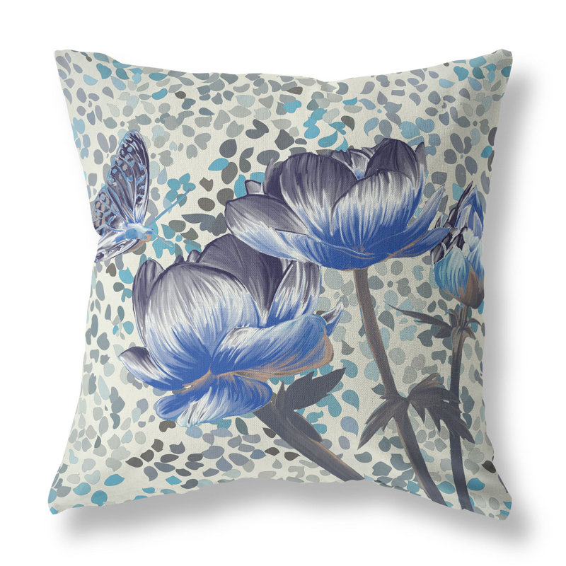 Floral Outdoor Reversible Throw Pillow, 18" x 18", Indigo/Blue/Dark Green