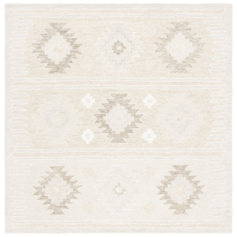 Tapis beige en laine touffeté à la main à motif géométrique Yazmin, Carré 7 pi