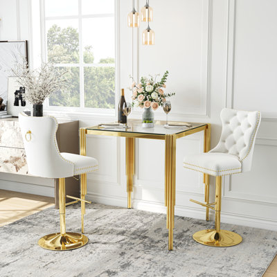 2-Person Square Glass Bar Table Set – 37" Tempered Glass Counter-Height Dining Table With Velvet Swivel Tufted Bar Stools, Modern Kitchen & Home Bar