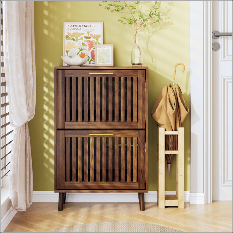 23.6-Inch Walnut Shoe Cabinet With 2 Flip Drawers, Farmhouse Design For Corridors And Entrances, 36.4" H x 23.6" W x 9.5" D