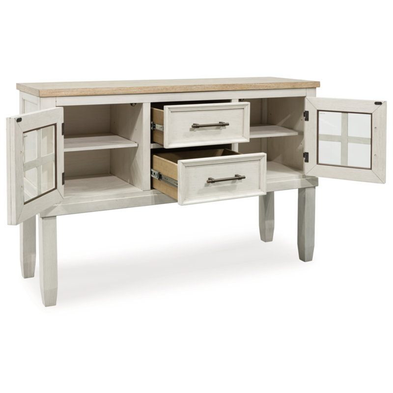 Cream and Light Brown Transitional Dining Server with Glass Doors