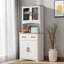 Armoire de cuisine blanche en bois - Armoire de rangement pour micro-ondes avec portes en verre encadrées, tiroirs et comptoir ouvert
