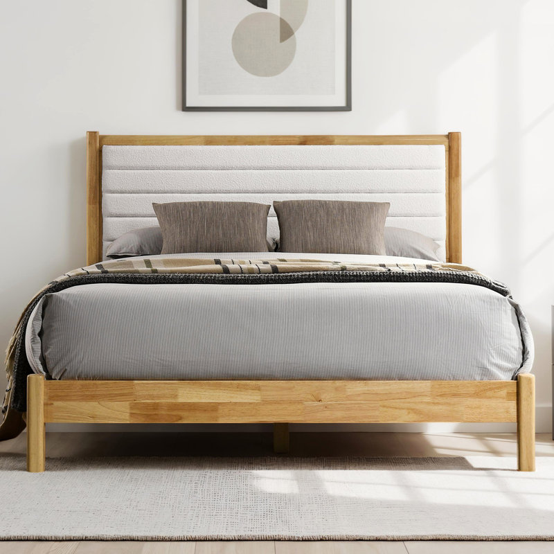 Evelyn Solid Wood Boucle Upholstered Headboard Bed Frame - Queen Size, Natural/Cream White Boucle
