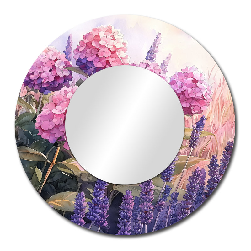 Hortensias dans un champ de lavande I - miroir mural floral - imprimé sur métal, 29 po x 29 po