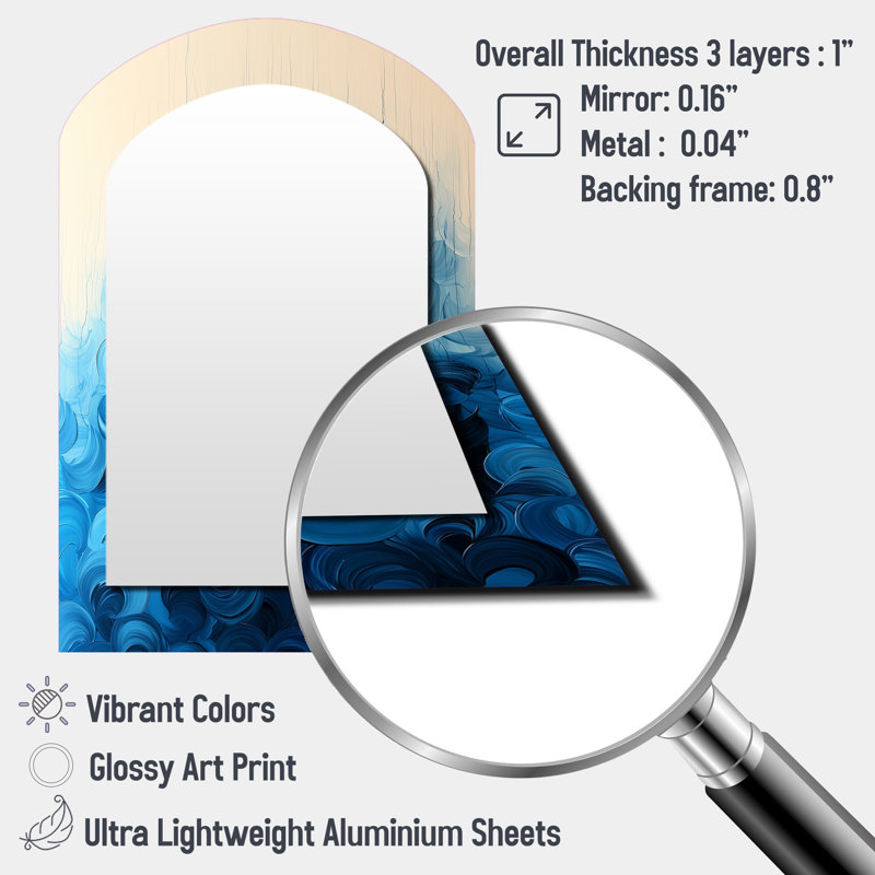 «Rhythmic Driauge Drip Paint Eruption III - Drip Paint», miroir mural décoratif asymétrique, grand miroir arqué bleu
