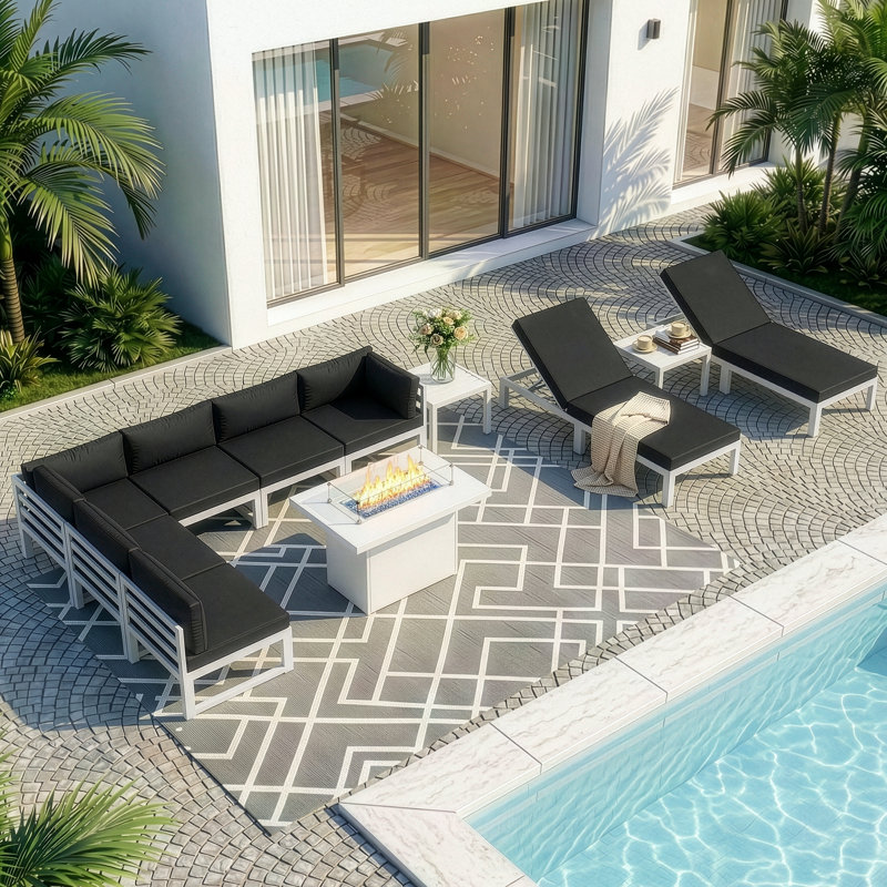 11 Pieces Modern Aluminum Patio Furniture Set With Fire Table, Outdoor Modular Sectional Conversation Set With Patio Chaise Lounges