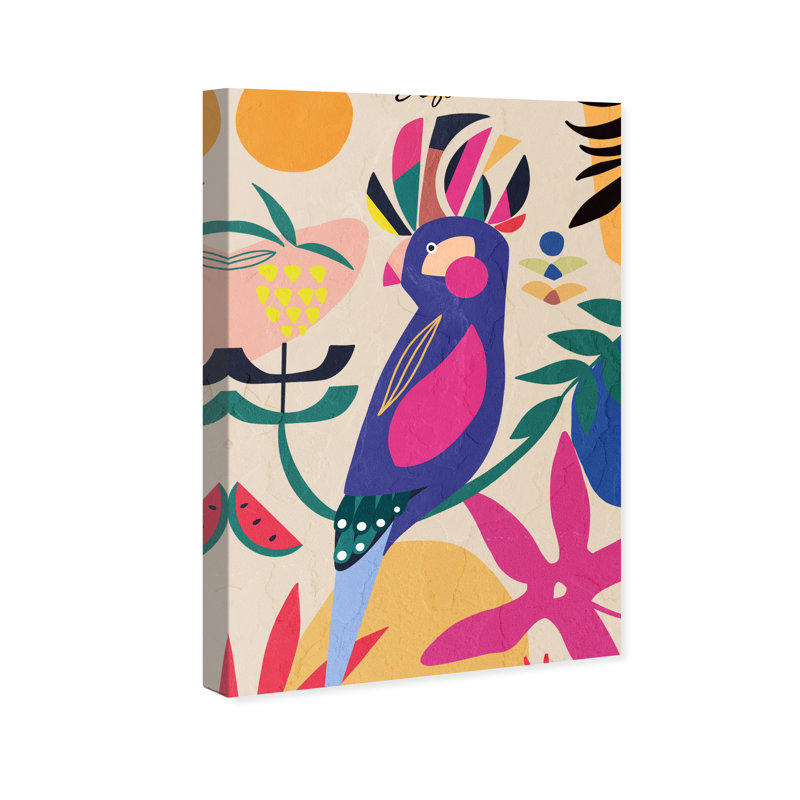 Animaux, perroquet coloré sur toile bleu tropical, H 36 po x l 24 po x P 0,8 po
