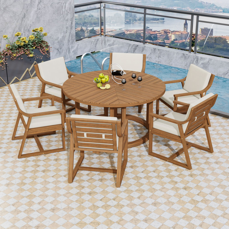 Outdoor Wooden Patio Furniture Set with Removable Cushions, Chair and Umbrella Hole, Light Teak