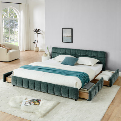 Très grand lit tapissier, cadre de lit rembourré confortable, tissu chenille, avec tête de lit et cadre de lit solide. Avec tiroir pour rangement - Vert