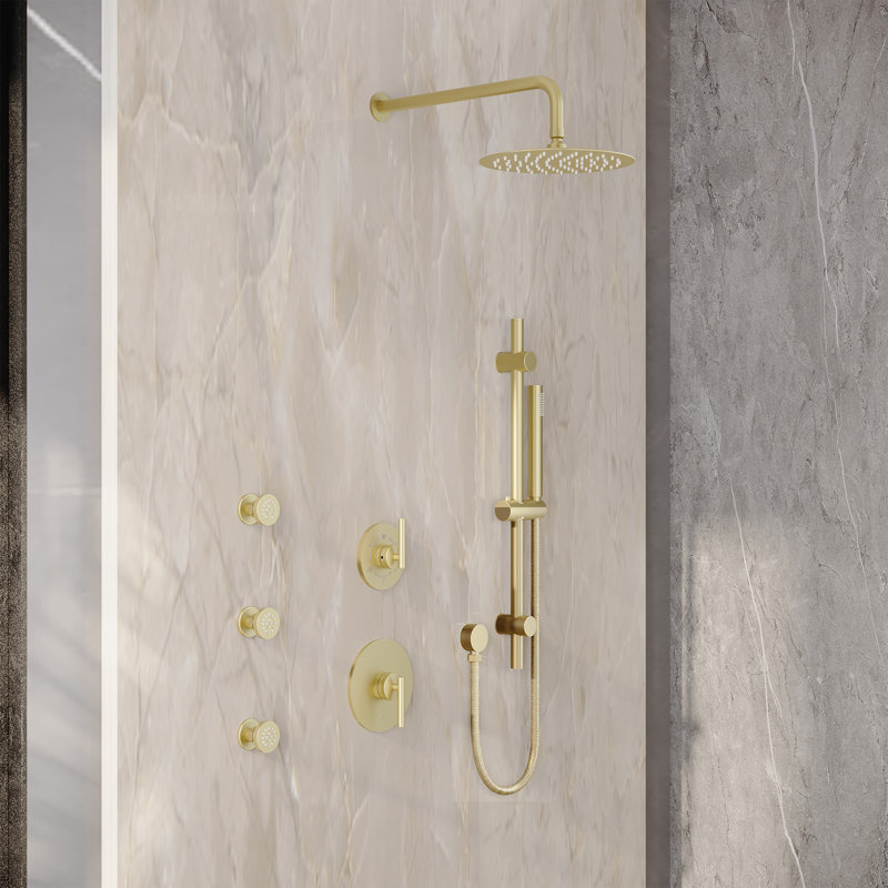 SlideLux 3-Function Wall Mounted Complete Shower System with 3 Body Jets and Slide Bar, Brushed Gold