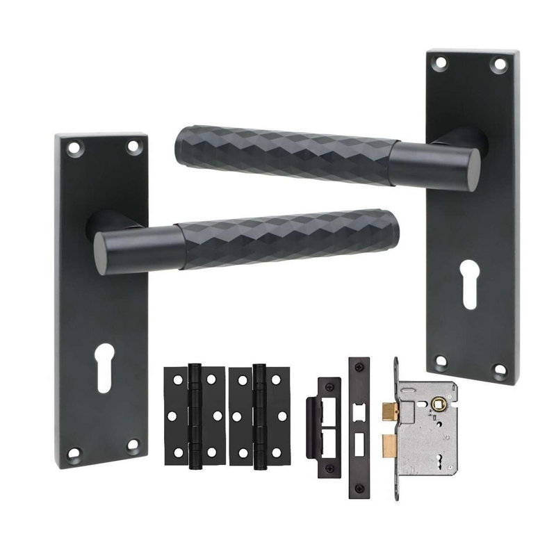 Golden Grace 1 Pair Victorian Knurled Diamond Cut T-Bar Lock Door Handle Matt Black - Secure and Elegant 3 Lever Lock Set - 150mm x 40mm