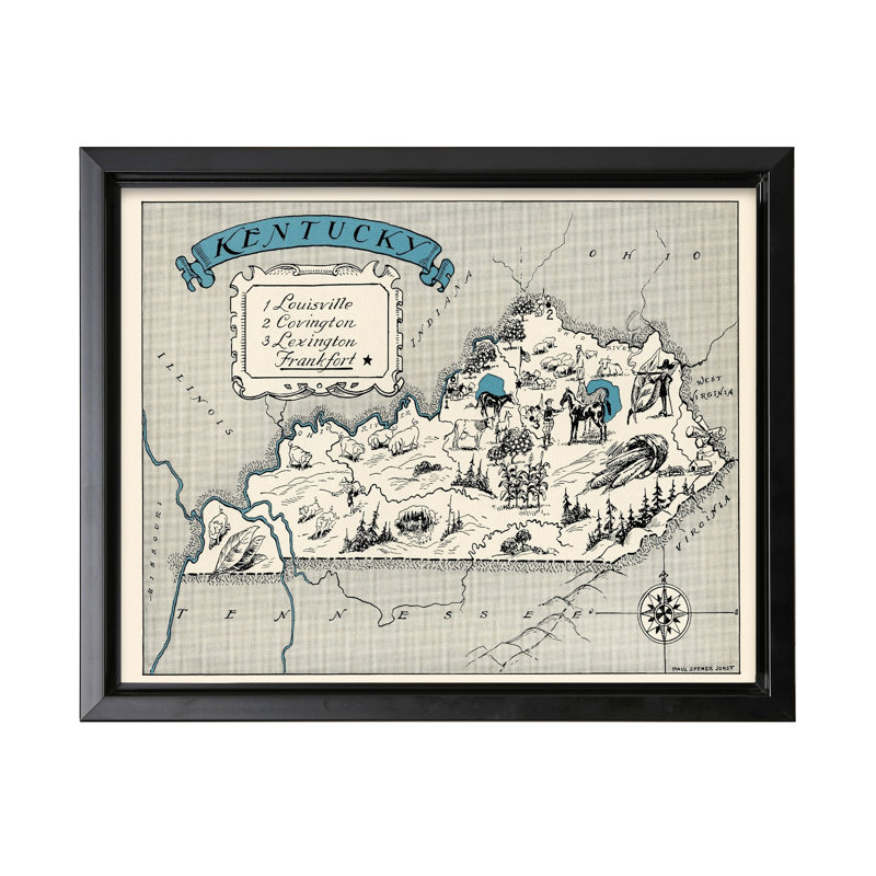 Carte illustrée du Kentucky, Cadre noir, Canevas, H 24 po x l 32 po