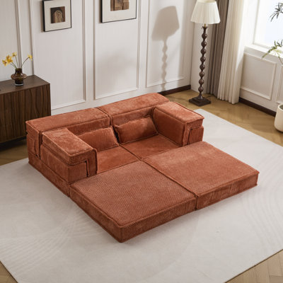 Orange Compression Mahjong Sofa - Convertible Modular Floor Sofa Bed, No Assembly Required Boneless Oversized Loveseat With Circle Fleece Fabric