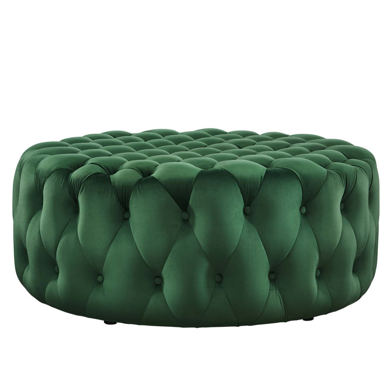 Modway Amour Tufted Button Large Round Performance Velvet Ottoman, Emerald Velvet