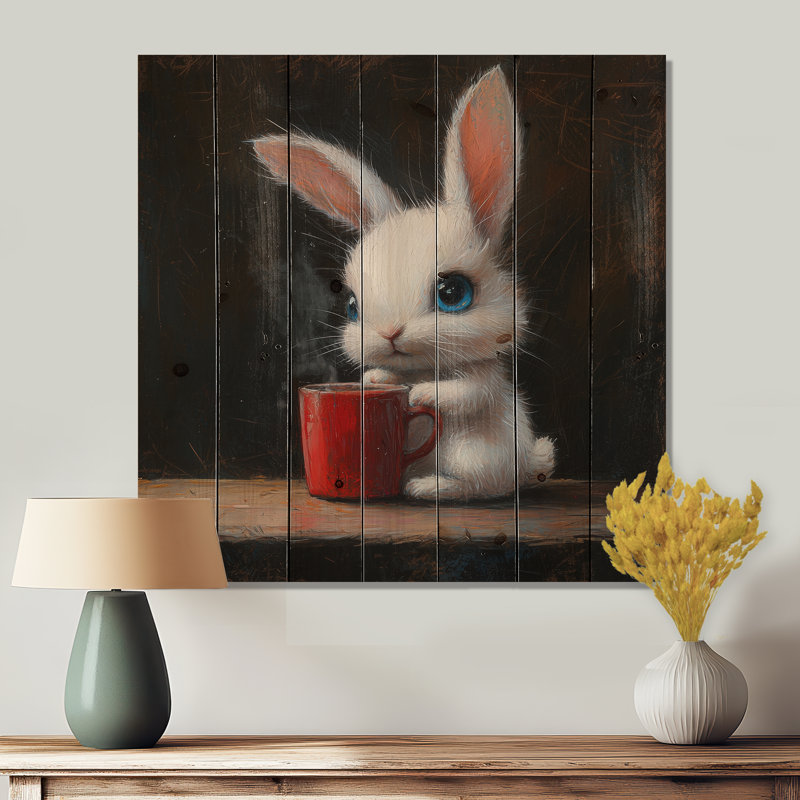 Drôle de lapin ayant un thé III - Décoration murale animal en bois de lapin - sur bois de pin naturel