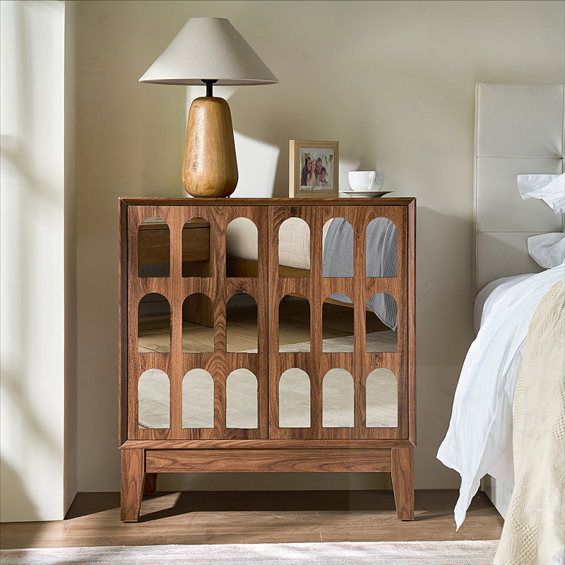 Wooden Double Mirror Door Cabinet, Walnut