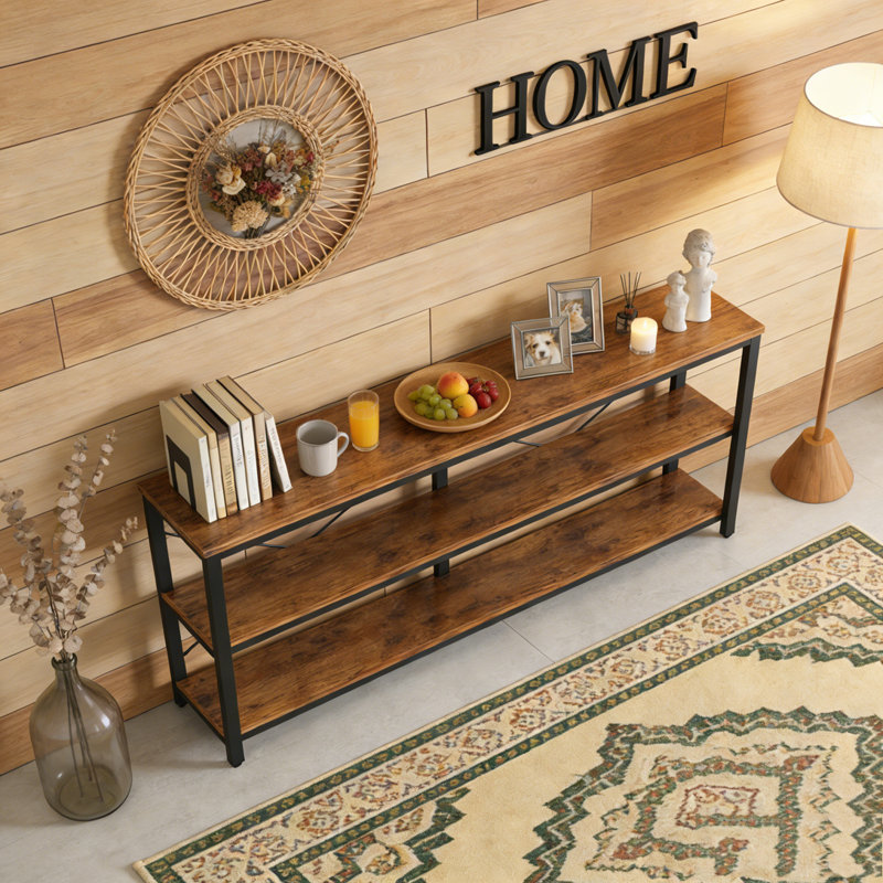 3-Tier Console Table Sofa Table with Metal Frame, Black & Brown