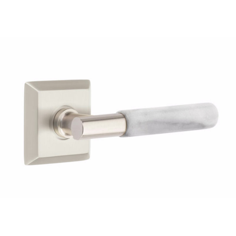 Emtek Select Privacy Leverset, Quincy Rosette, T-Bar Stem, Light Terrazzo Handle, LH, Left, Satin Nickel/White Marble