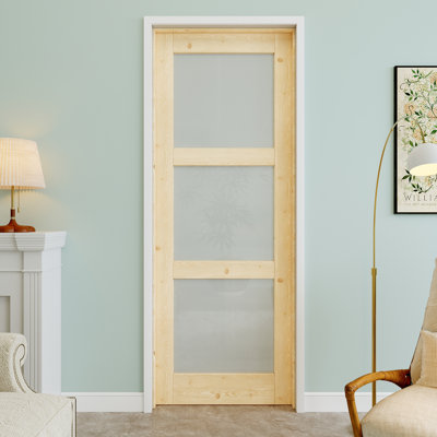 Porte pré-suspendue en bois de pin et verre givré 30 po x 80 po à 3 lumières avec charnières noires, dalle de porte d'intimité en verre, à peindre et imperméable, combinaison pour la lessive, portes de placard, portes de pièce, gauche