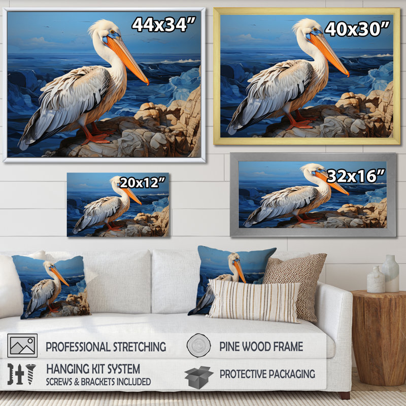 Grey Pelican Pelicans Perch - Animals Wall Decor, H 30 po x l 40 po x P 1,5 po, Cadre doré simple