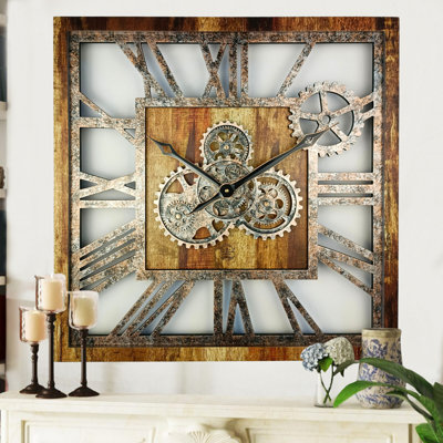 Wall Clock 24" Square Oversized for Living Room decor with Real Moving Gears America Collection