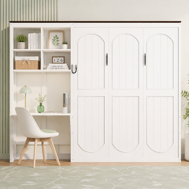 Grand lit escamotable avec bureau intégré et armoire de rangement multicouche, Blanc