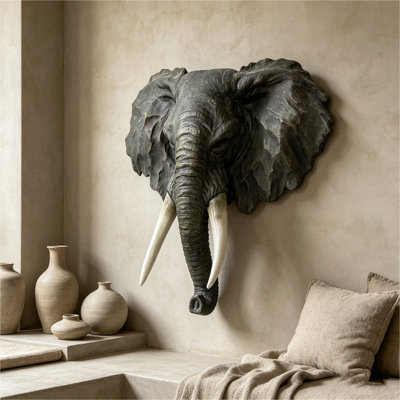 15.75" Wide Realistic Elephant Head Wall Sculpture, Resin African Elephant Bust Wall Decor