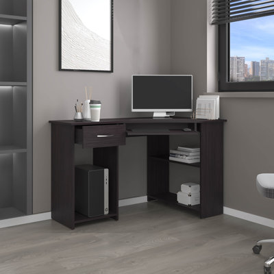 Jasper Corner Desk, Space-Saving L-Shaped Design With Two Side Shelves, Black