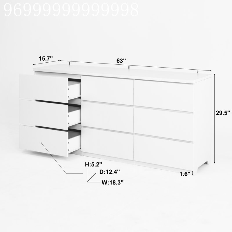 Commode blanche à 9 tiroirs pour la chambre à coucher, commode large moderne sans poignées, commode de rangement en bois pour le salon, couloir, entrée