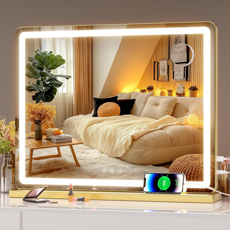 Miroir de salle de bain lumineux 22,8 "x 18" à DEL avec 3 modes de couleurs à intensité variable, contrôle à écran tactile, fixation murale ou de table, or rond