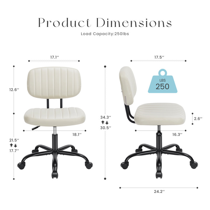 Armless Office Swivel Chair Leather Vanity Chair (Set of 2), White