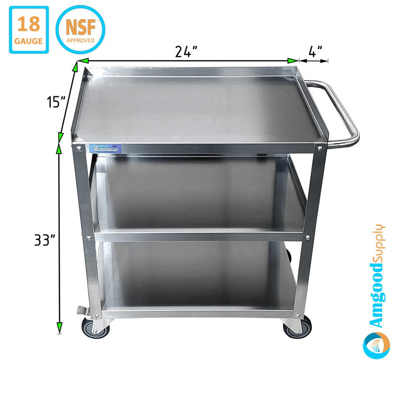 Acier inoxydable. Chariot utilitaire en métal à 3 tablettes sur roulettes avec poignée, H 33 po x l 24 po x P 15 po