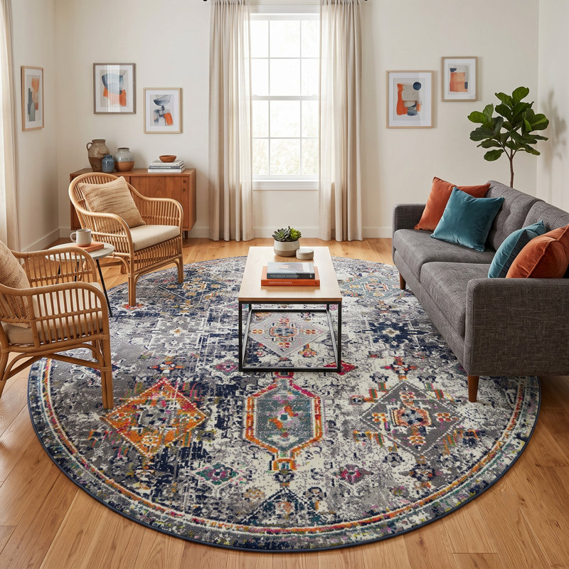 Tapis bleu / orange Alena, Rond 7 pi 6 po