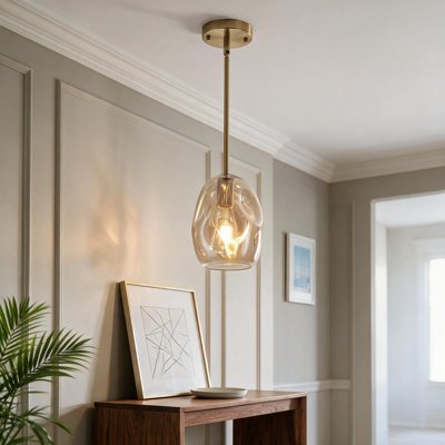 1-Light Modern Brass Pendant Light with Amber Glass Shade