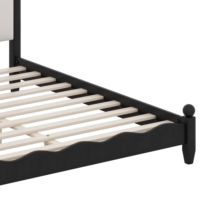 Wood Platform Bed With Upholstered Headboard, Black/Beige, Queen