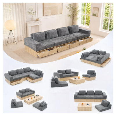 Canapé modulaire gris foncé avec tiroirs de rangement et table centrale, canapé rembourré en L en chenille moderne pour le salon