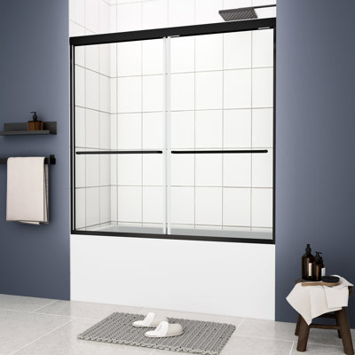 Bathtub Bypass Shower Door, 1/4" Tempered Glass, Matte Black, 56"-60"x58", Stainless Steel Handle, Leak, Bathroom Smooth Sliding, Accessory