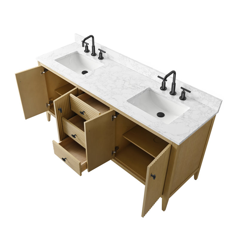 Meuble-lavabo double 72 po avec plateau en marbre, Chêne naturel linéaire, Noir mat