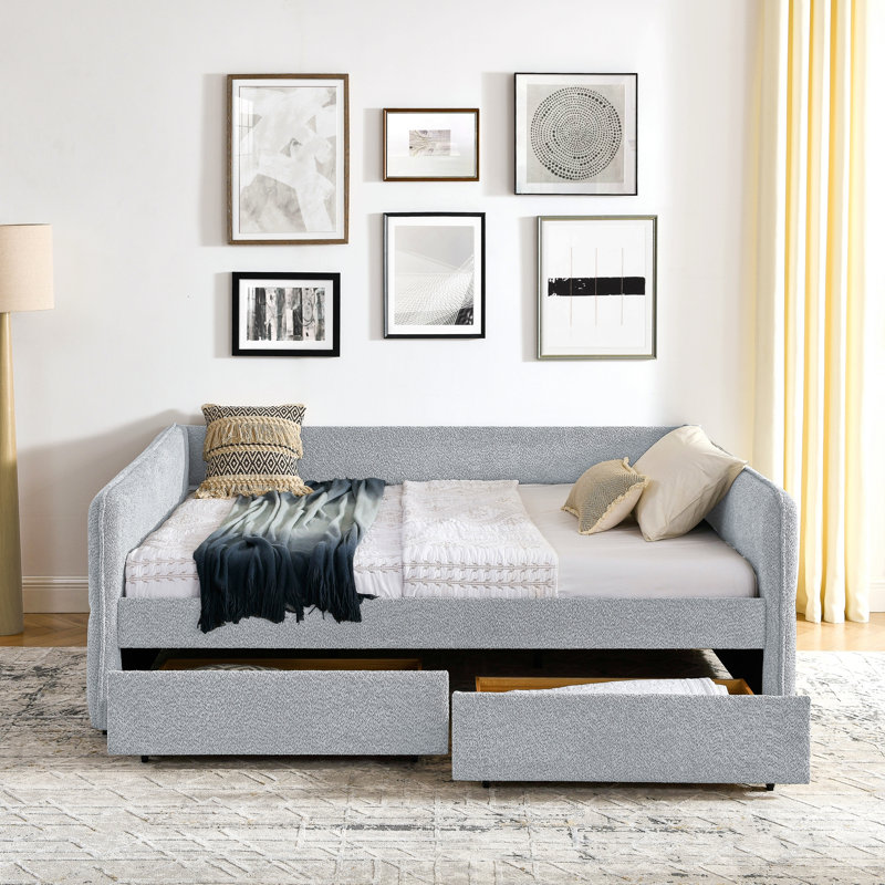 Lit de jour avec couchette rembourrée et capitonnée, avec deux tiroirs, grand lit, tissu Boucle (88 po x 65,5 po x 29,5 po)