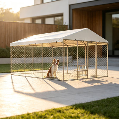 Grand chenil d'extérieur pour chien de 15 x 10 pi avec auvent, structure en acier galvanisé robuste, couvercle imperméable, bols à nourriture surélevés intégrés, parc pour animaux de compagnie verrouillable à l'épreuve des fuites pour grands chiens et plusieurs animaux