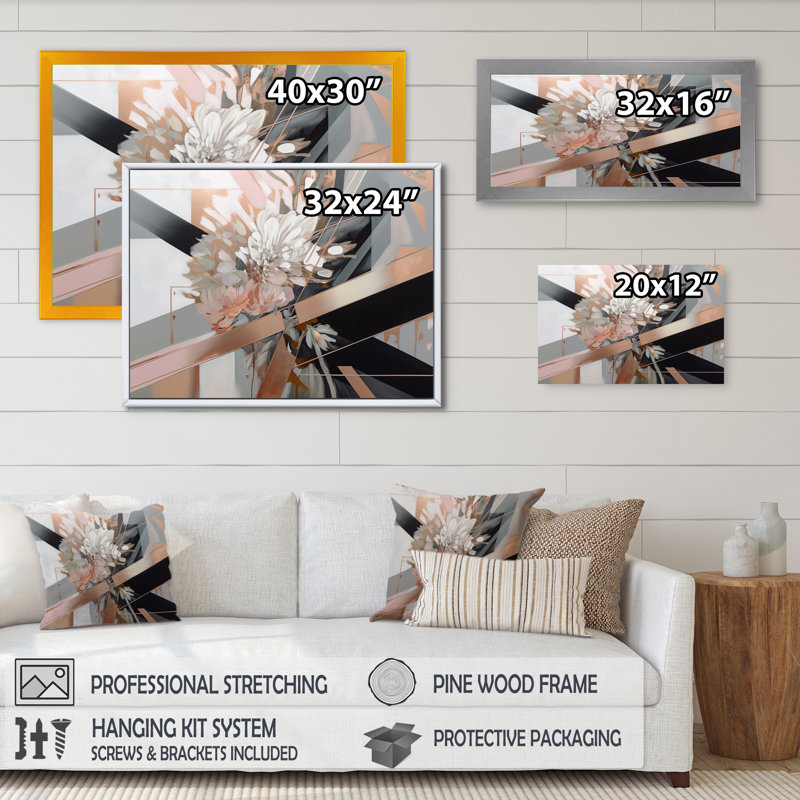 «Rose Gold Linear Floral Elegance I», reproduction sur toile florale, H 12 po x l 20 po x P 1 po, Toile tendue