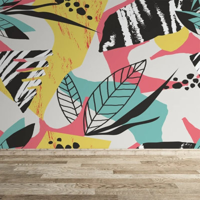 Abstract Tropical Collage Wallpaper – Bold Multicolor Leaf and Brush Stroke Pattern in Pink Yellow and Teal