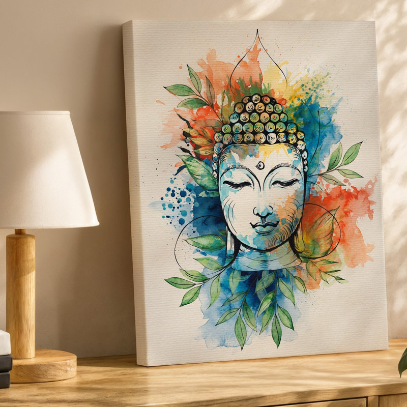 Toile, une tête de bouddha sereine émerge d'une explosion vibrante d'art mural, H 30 po x l 30 po