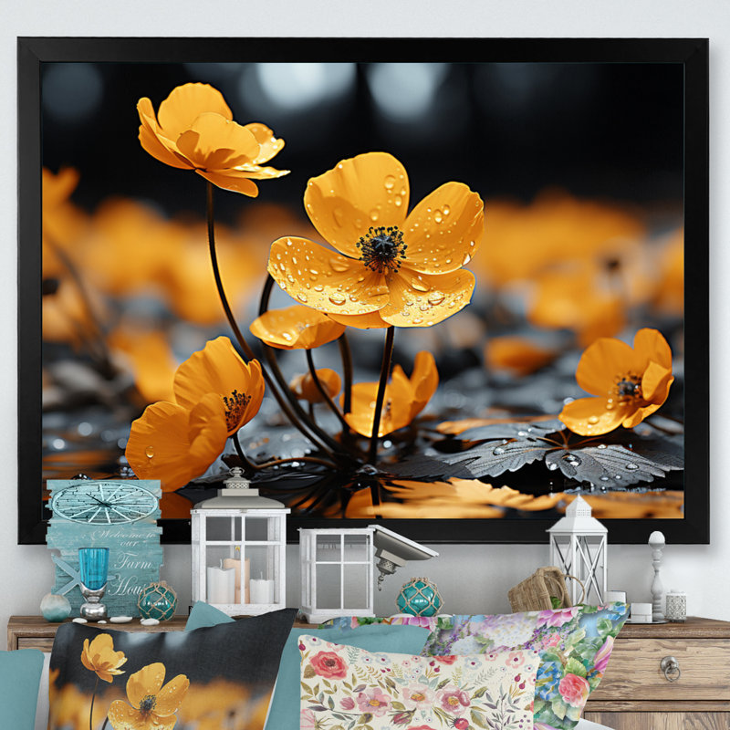 Yellow Grey Golden Buttercups Black And White III - Floral Canvas Art Print, H 24 po x l 32 po x P 1 po, Noir